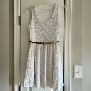 White Floral Lace Detail Ambiance Dress with Detachable Gold Belt, Size M